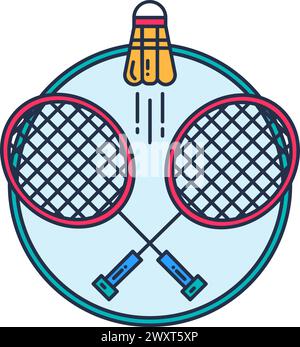 Sportabzeichen. Gekreuzte Tennisschläger zum Spielen von Badminton Hit fliegenden Shuttlecock. Sport und aktiver Lebensstil. Einfaches Vektorsymbol mit farbigen Konturen isola Stock Vektor