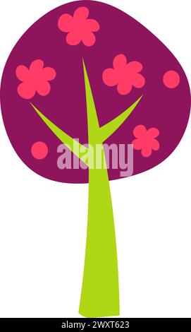 Blühender Sommerbaum mit knallroten Blüten. Helle kindliche sorglose Illustration für die Gestaltung der festlichen Frühlingsfahne. Flache Hand gezeichnete Vektorelemen Stock Vektor