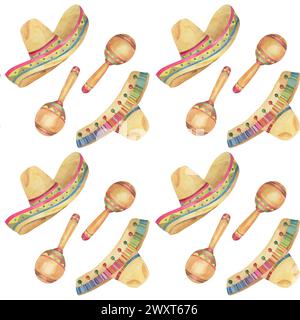 Nahtloses Muster mit handgezeichneten Elementen des Cinco de Mayo in Aquarell. Farbenfrohe Sombreros mit Maracas-Fliesen. Wiederholungsclips für Druck, Textil, Stockfoto