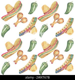 Nahtloses Muster mit handgezeichneten Elementen des Cinco de Mayo in Aquarell. Farbenfrohe Sombreros mit Maracas und Jalapeno-Fliesen. Wiederholen Sie Clip Arts für den Ausdruck Stockfoto