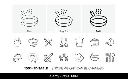 Symbole der Kochlinie. Kochzeit, Bratpfanne und Küchenutensilien. Lineares Set. Zeilensymbole. Vektor Stock Vektor
