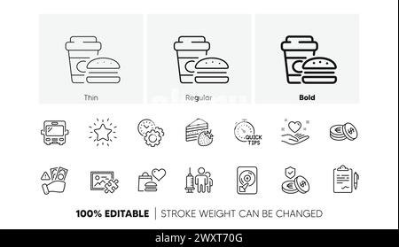 Symbole für Fast Food-, Bus- und Zeitmanagement. Für Web-App drucken. Zeilensymbole. Vektor Stock Vektor