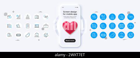 Symbole für Checkliste, Verkauf und 5g wlan. Für Web-App drucken. Modell des Telefons mit 3D-Herz-Symbol. Vektor Stock Vektor