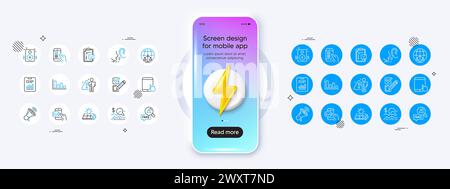 Berichtsdokument, Checkliste und Zeilensymbole für Sonnenkollektoren. Für Web-App drucken. Modell des Telefons mit 3D-Energiesymbol. Vektor Stock Vektor