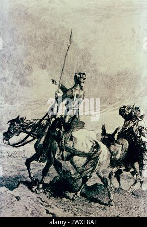 Don Quijote und sein Schatzmeister Sancho Panza, Zeichnung des französischen Illustrators Adolphe Lalauze, 19. Jahrhundert Stockfoto