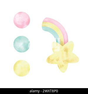 Stern, Regenbogen, Bälle, Aquarelle. Hand gezeichnete Vektor-Illustration in Pastellfarben für Karten, Einladungen, Websites, Albumcover. Elementgruppe für Stock Vektor