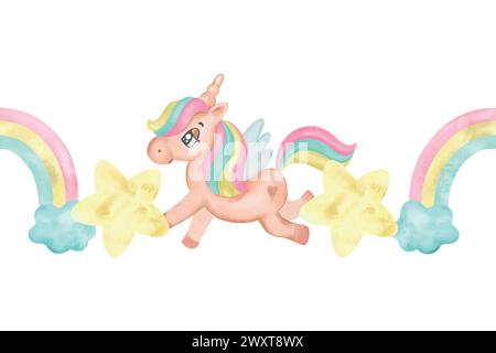 Niedliches Einhorn, Regenbogen, Stern, Aquarellrand. Hand gezeichnete Vektor-Illustration in Pastellfarben für Karten, Einladungen, Websites, Raumdesign Stock Vektor