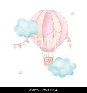 Luftballon, Fahnen, Wolken, Aquarelle. Hand gezeichnete Vektor-Illustration in Pastellfarben für Karten, Einladungen, Raumdesign, Websites, Cover. Vintage Stock Vektor