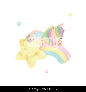 Niedliches Einhorn, das auf einem Regenbogen schläft, Aquarell. Hand gezeichnete Vektor-Illustration in Pastellfarben für Karten, Einladungen, Websites, Albumcover. Satz von Stock Vektor
