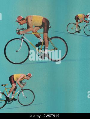 Poster. Zeitgenössische Kunstcollage. Junger Mann, Sportler, der schnell mit dem Fahrrad fährt, um als erster im Ziel zu sein. Bewegung. Stockfoto