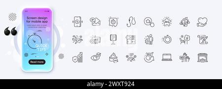 Symbole für neue E-Mails, Freiwillige und Puzzle-Spiele für die Web-App. Piktogramsymbol. Bildschirm „Phone Mockup Gradient“. Vektor Stock Vektor