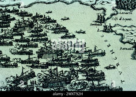 Detail der Schlacht von Lepanto, 1571, Illustration Stockfoto