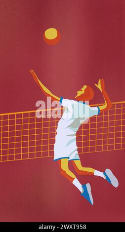 Poster. Zeitgenössische Kunstcollage. Die Silhouette des Volleyballspielers dient dem Ball in Bewegung vor rotem Hintergrund. Stockfoto