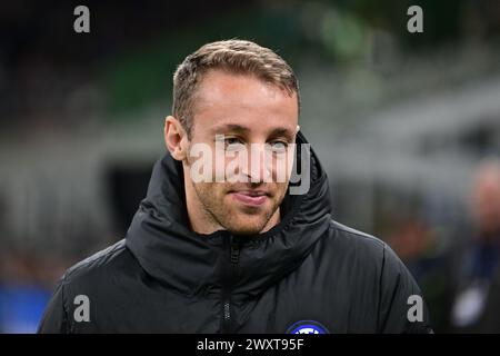 Mailand, Italien. April 2024. Davide Frattesi von Inter sah vor dem Spiel Der Serie A zwischen Inter und Empoli bei Giuseppe Meazza in Mailand. (Foto: Gonzales Photo/Alamy Live News Stockfoto