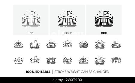 Symbole der Sportstadionlinie. OLE-Gesang, Arena-Football, Meisterschaftsarchitektur. Lineares Set. Zeilensymbole. Vektor Stock Vektor
