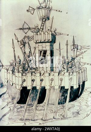 Mittelalterliche Szene: Eine Galeere, Holzschnitt aus de Re militarii, 15. Jahrhundert Stockfoto