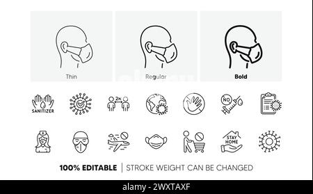 Coronavirus-Liniensymbole gesetzt. Medizinische Maske, Hände waschen, Schutzbrille. COVID-19-Pandemie. Zeilensymbole. Vektor Stock Vektor