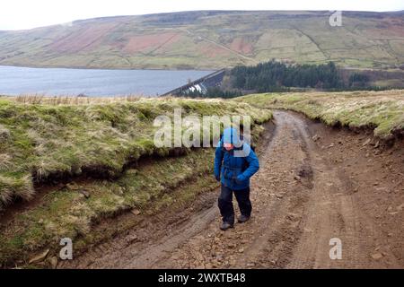 Man (Wanderer) geht bergauf vom Stone Dam Wall of Scar House Reservoir auf dem Nidderdale Way im Yorkshire Dales National Park, England, Großbritannien. Stockfoto