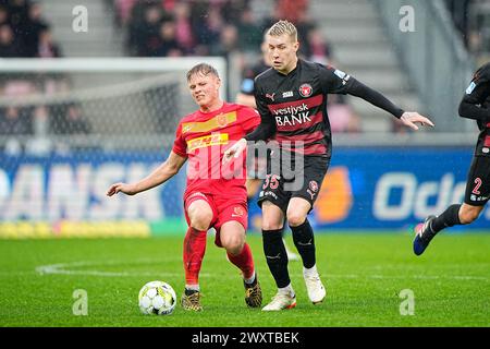 FC Midtjylland trifft am Montag, 1. April 2024 in Herning auf den FC Nordsjaelland in der Super League. FC Midtjylland moeder FC Nordsjaelland i Superligaen i Herning Mandag den 1. april 2024. Stockfoto