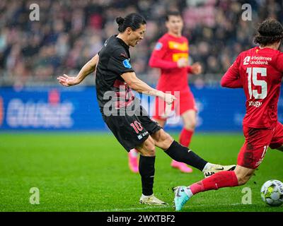 FC Midtjylland trifft am Montag, 1. April 2024 in Herning auf den FC Nordsjaelland in der Super League. FC Midtjylland moeder FC Nordsjaelland i Superligaen i Herning Mandag den 1. april 2024. Stockfoto