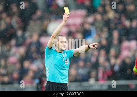 FC Midtjylland trifft am Montag, 1. April 2024 in Herning auf den FC Nordsjaelland in der Super League. FC Midtjylland moeder FC Nordsjaelland i Superligaen i Herning Mandag den 1. april 2024. Stockfoto