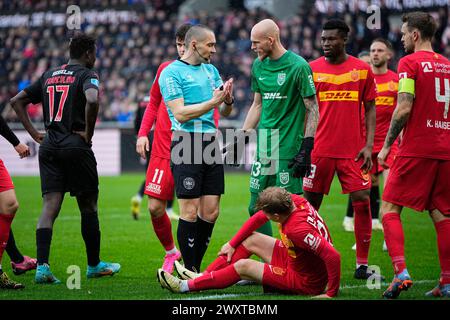 FC Midtjylland trifft am Montag, 1. April 2024 in Herning auf den FC Nordsjaelland in der Super League. FC Midtjylland moeder FC Nordsjaelland i Superligaen i Herning Mandag den 1. april 2024. Stockfoto