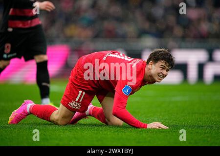 FC Midtjylland trifft am Montag, 1. April 2024 in Herning auf den FC Nordsjaelland in der Super League. FC Midtjylland moeder FC Nordsjaelland i Superligaen i Herning Mandag den 1. april 2024. Stockfoto