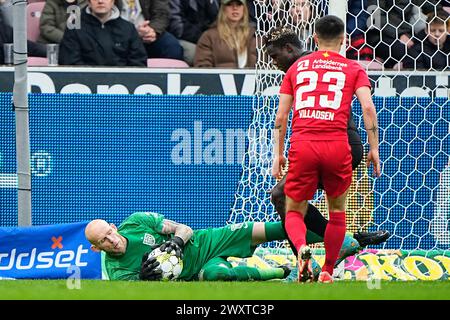 FC Midtjylland trifft am Montag, 1. April 2024 in Herning auf den FC Nordsjaelland in der Super League. FC Midtjylland moeder FC Nordsjaelland i Superligaen i Herning Mandag den 1. april 2024. Stockfoto