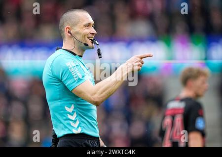 FC Midtjylland trifft am Montag, 1. April 2024 in Herning auf den FC Nordsjaelland in der Super League. FC Midtjylland moeder FC Nordsjaelland i Superligaen i Herning Mandag den 1. april 2024. Stockfoto