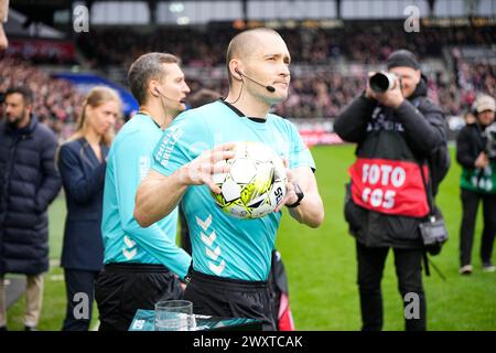 FC Midtjylland trifft am Montag, 1. April 2024 in Herning auf den FC Nordsjaelland in der Super League. FC Midtjylland moeder FC Nordsjaelland i Superligaen i Herning Mandag den 1. april 2024. Stockfoto