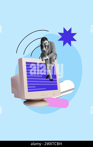 Vertikale Fotocollage des aufgebrachten Mädchens sitzen Computermonitor wifi-Zeichen schnelles Internet-Emblem Globus wlan-Netzwerk isoliert auf gemaltem Hintergrund Stockfoto