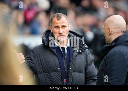 FC Midtjylland trifft am Montag, 1. April 2024 in Herning auf den FC Nordsjaelland in der Super League. FC Midtjylland moeder FC Nordsjaelland i Superligaen i Herning Mandag den 1. april 2024. Stockfoto