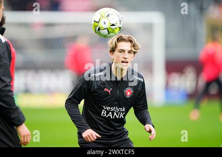 FC Midtjylland trifft am Montag, 1. April 2024 in Herning auf den FC Nordsjaelland in der Super League. FC Midtjylland moeder FC Nordsjaelland i Superligaen i Herning Mandag den 1. april 2024. Stockfoto