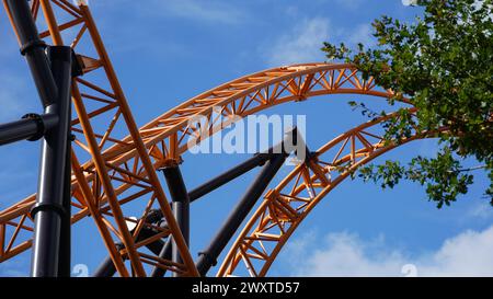 Orangefarbene Achterbahnbahnen einer extremen Achterbahn, die sich unter blauem Himmel und einem Baum im Vordergrund kreuzt Stockfoto
