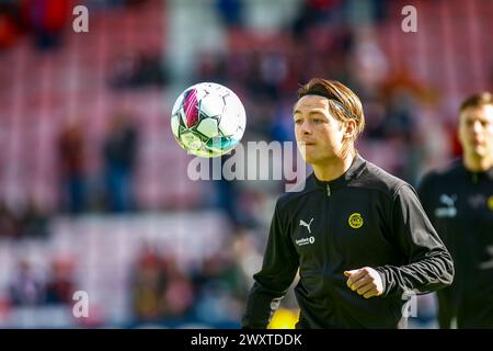 Fredrikstad, Norwegen, 1. April 2024. Bodø/Glimts Patrick Berg vor dem Eliteserien-Spiel zwischen Fredrikstad und Bodø/Glimt im Fredrikstad-Stadion. Quelle: Frode Arnesen/Frofoto Stockfoto