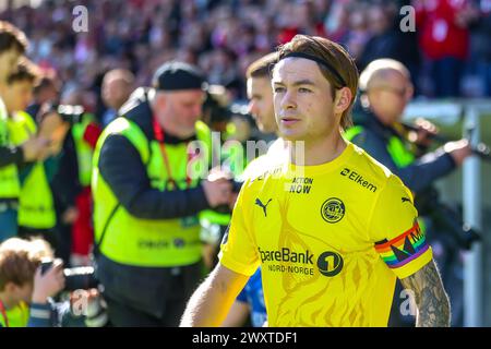 Fredrikstad, Norwegen, 1. April 2024. Bodø/Glimts Patrick Berg vor dem Eliteserien-Spiel zwischen Fredrikstad und Bodø/Glimt im Fredrikstad-Stadion. Quelle: Frode Arnesen/Alamy Live News Stockfoto