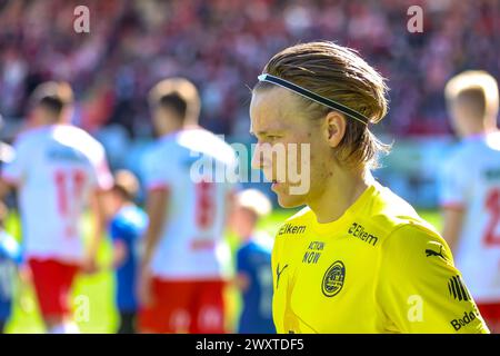 Fredrikstad, Norwegen, 1. April 2024. Bodø/Glimts August Mikkelsen vor dem Eliteserien-Spiel zwischen Fredrikstad und Bodø/Glimt im Fredrikstad-Stadion. Quelle: Frode Arnesen/Alamy Live News Stockfoto