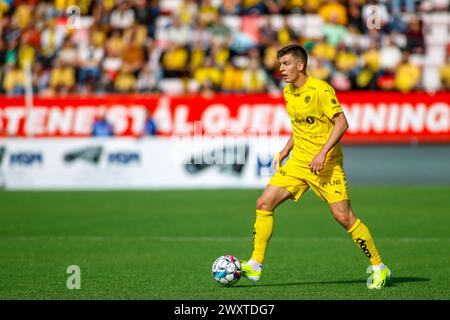 Fredrikstad, Norwegen, 1. April 2024. Jostein Gundersen von Bodø/Glimt im Eliteserien-Spiel zwischen Fredrikstad und Bodø/Glimt im Fredrikstad-Stadion. Quelle: Frode Arnesen/Alamy Live News Stockfoto