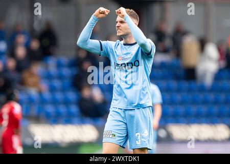 Randers FC traf Lyngby in der Super League am Sonntag, den 31. März 2024 in Randers. Randers FC Daniel Hoeegh reagerer ist Oliver Olsens, der bis 2-0 unter Superligakampen mellem Randers FC und Lyngby i Randers soendag den 31 erzielte. Marts 2024. (Foto: Bo Amstrup/Ritzau Scanpix) Stockfoto