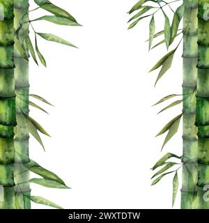Bambusrahmen, handgezeichnetes Aquarellbanner. Asiatische Waldgrenze mit grünen Blättern für Spa, entspanntes Produktdesign, Verpackung, Logo. Handgezeichnet Stockfoto