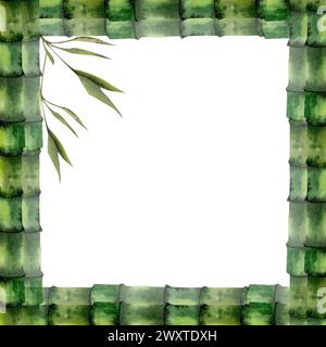 Bambusrahmen, handgezeichnetes grünes Stickbanner mit Aquarellfarben. Bambusstäbchen mit Blättern im quadratischen Blumenrahmen für Spa, Entspannung, Produkt, Verpackungsdesign. Stockfoto