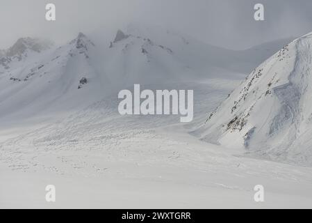 Freeride-Rallye-Spuren auf Pulverschnee. Kudebi, Bidara, Sadzele, Kobi Luftpanorama in den Winterbergen des kaukasus. Drohnenansicht von Gudauri Ski Res Stockfoto