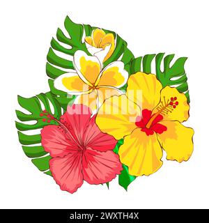 Blumenanordnung von tropischen Blumen und Blättern, handgezeichnete Illustration auf weißem Hintergrund. Exotische Plumeria-Blüten und rote und gelbe Hibiskus. Stockfoto