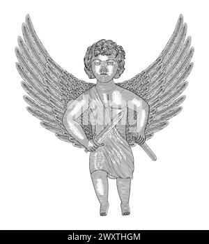 Angel Kid oder Amulett mit Schwert. Vintage Gravur Zeichnung Stil Illustration Stock Vektor