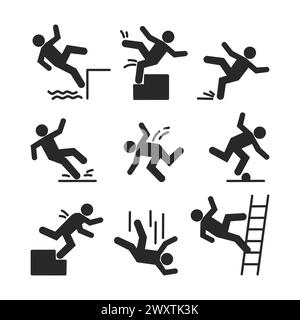 Set von Vorsichtsymbolen mit herabfallender Stabfigur Mann. Er fällt die Treppe runter und über den Rand. Nasser Boden, hängt auf der Treppe fest. Sicherheit am Arbeitsplatz Stock Vektor