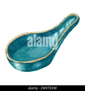 Keramiklöffel in Aquarellfarbe. Handgezeichnetes Clipart aus leerem Porzellanspachtel im asiatischen Stil. Design von traditionellem Küchenutensil zum Drucken, Verpacken, Design isoliert auf weißem Hintergrund Stockfoto