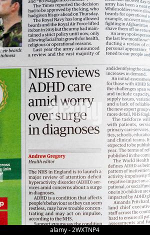 'NHS Reviews ADHS Care Amid Work over Surge in Diagnoses' Guardian Zeitung Headline Health Treatment Impact artikel 30 März 2024 London England UK Stockfoto
