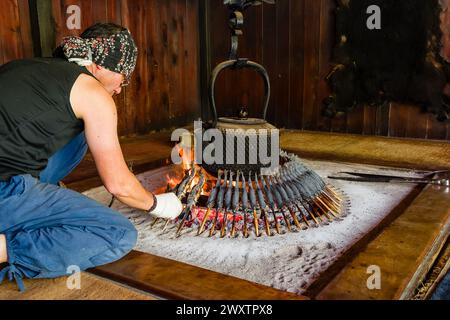 KAMIKOCHI, JAPAN - 24. MAI 2023: Traditioneller japanischer Iwana-Fisch (gegrillter Saibling) wird in einer Berghütte im Kamikochi-Tal in Nagano zubereitet Stockfoto