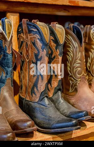 Cowboystiefel in einem Laden. Nahaufnahme der neuen Cowboystiefel im Regal. Ausgerichtete Cowboystiefel in einem Regal im Laden. Cowboystiefel aus Straußenleder, die in einer Reihe in einem Einzelhandelsgeschäft aufgereiht sind. Vertikales Foto Stockfoto