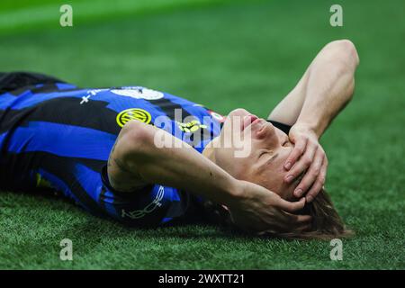 Nicolo Barella vom FC Internazionale wurde während des Fußballspiels der Serie A 2023/24 zwischen dem FC Internazionale und dem Empoli FC im Giuseppe Meazza Stadion gesehen. Endpunktzahl; Inter 2:0 Empoli. Stockfoto